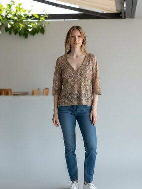 INC International Concepts Tan Floral Sheer Lace Sequin V-Neck Blouse M